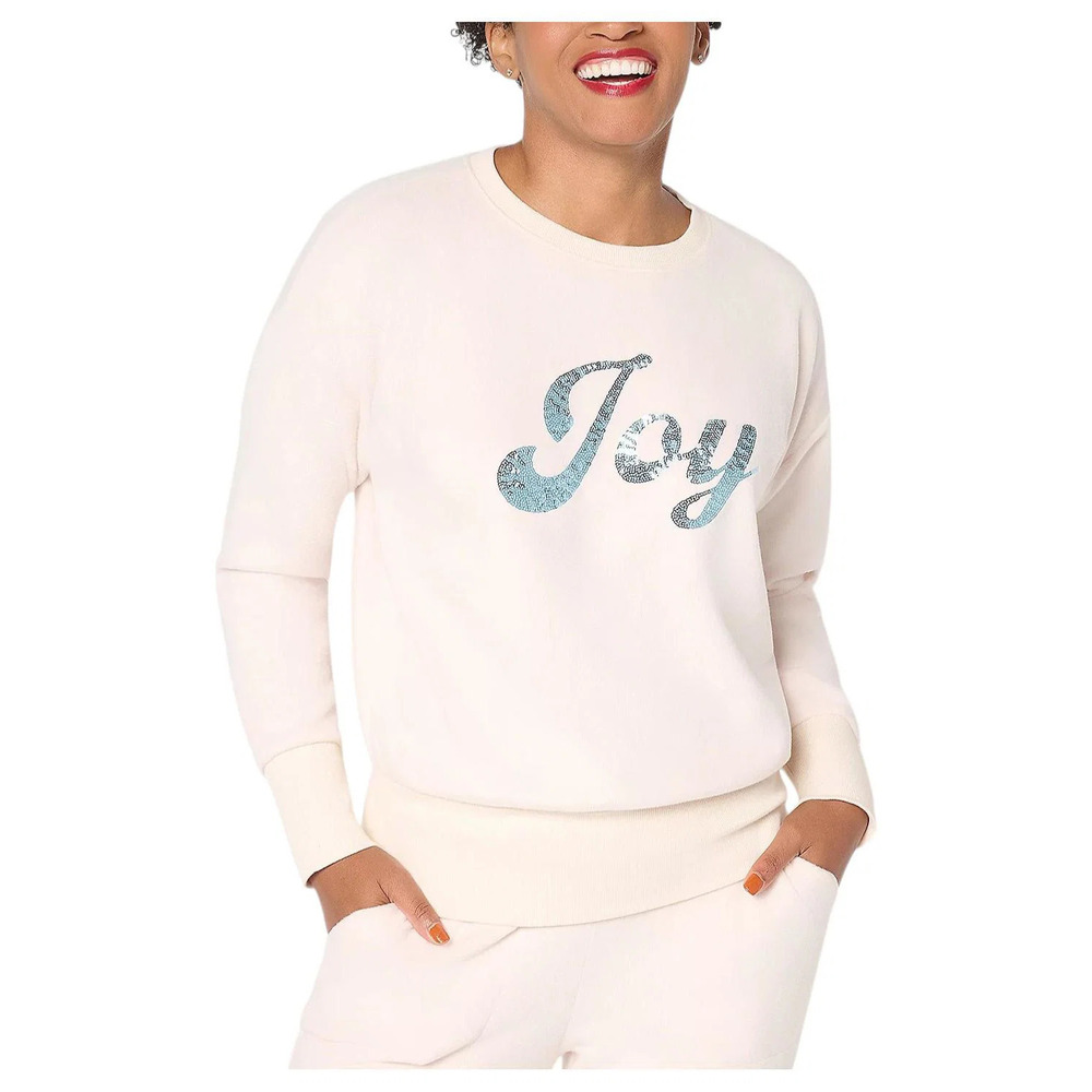 Mally Roncal Women's Sequin Cozy Plush Holiday Sweatshirt Ivory - Regular